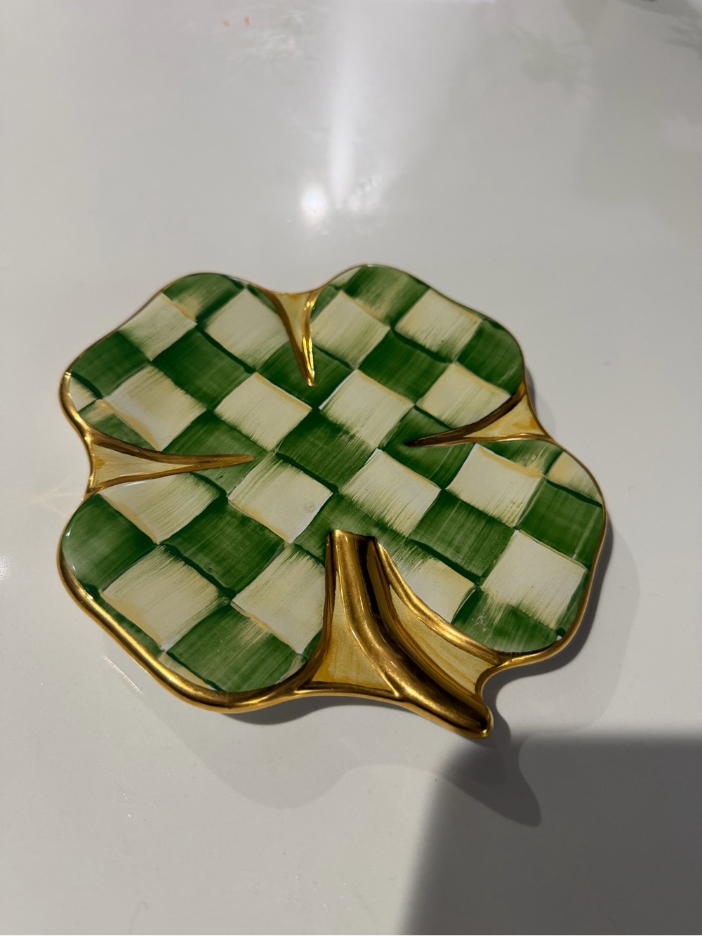 MacKenzie-Childs Green and Cream Checkered Clover Dish with Gold Trim